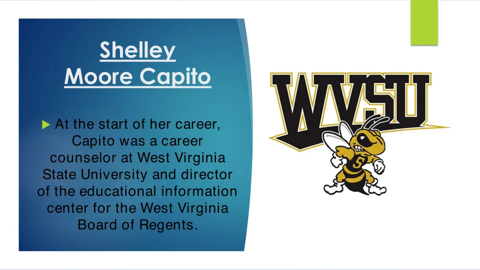 Early career slide describing Capito’s counseling work at West Virginia State and Board of Regents role