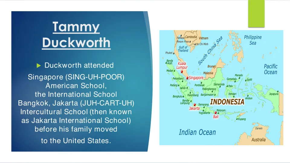 Duckworth's schooling abroad in Singapore, Bangkok and Jakarta, with pronunciations and a map of Southeast Asia
