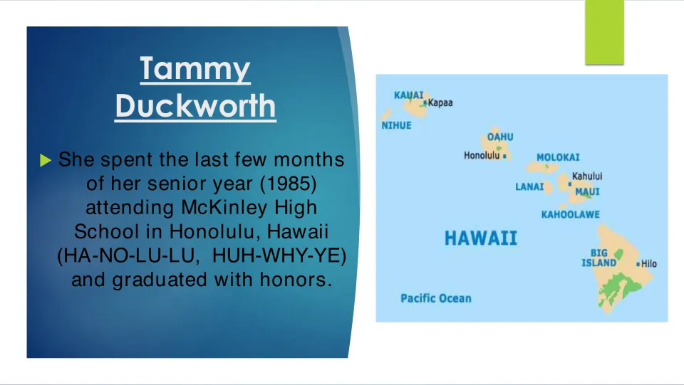 Senior year 1985 at McKinley High School in Honolulu, where she graduated with honors, beside a map of the Hawaiian islands