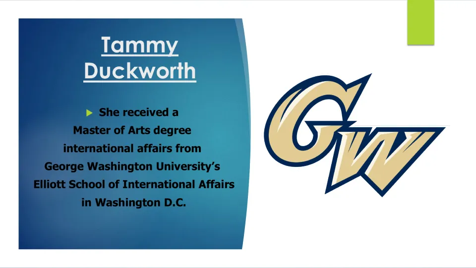 Graduate study: Master of Arts in international affairs from George Washington University's Elliott School; GW logo