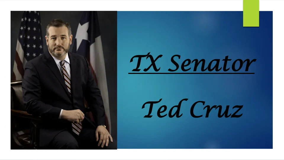 Biography presentation cover featuring the title 'TX Senator Ted Cruz' and a seated portrait of Cruz