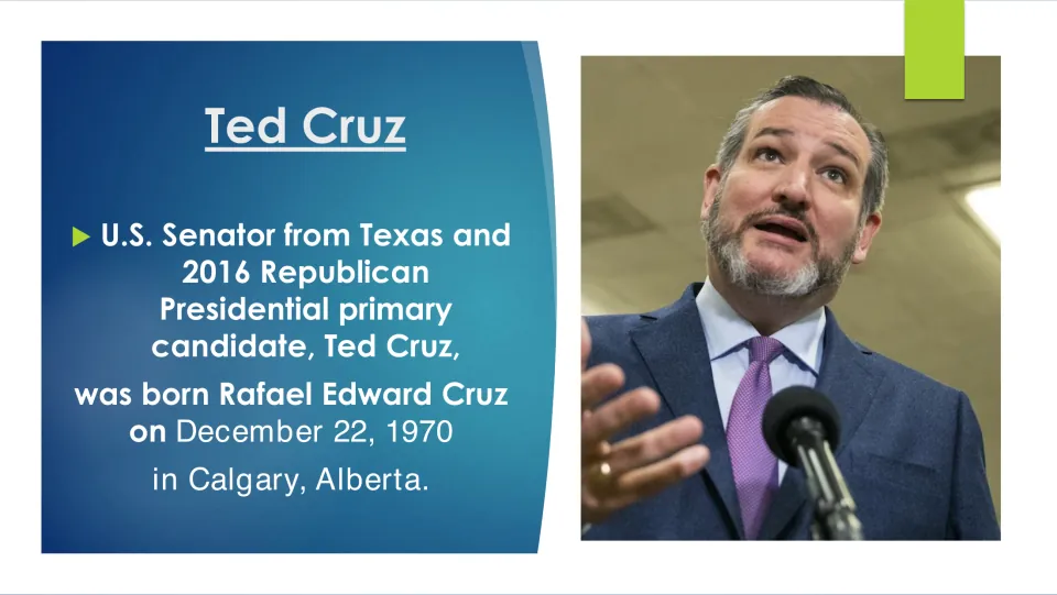 Biography slide introducing Rafael Edward Cruz, born December 22, 1970, in Calgary, Alberta, Canada