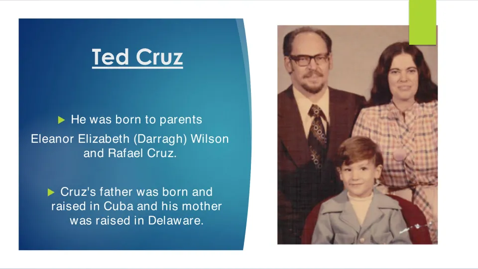 Family background slide naming Ted Cruz's parents, Eleanor Elizabeth (Darragh) Wilson and Rafael Cruz