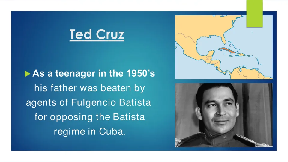 Family history slide describing the beating of Cruz's father for opposing Batista's regime in 1950s Cuba