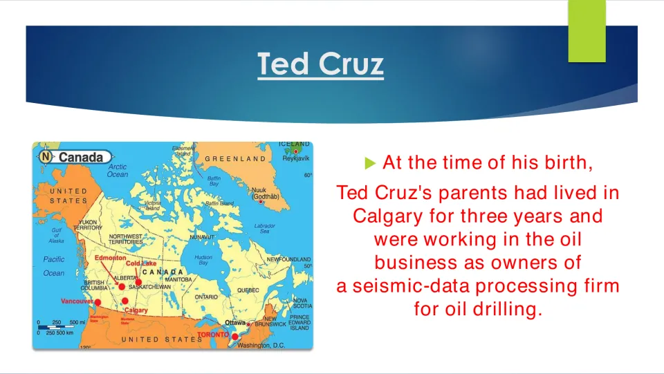 Family background slide explaining that Cruz's parents owned a seismic-data processing firm in Calgary