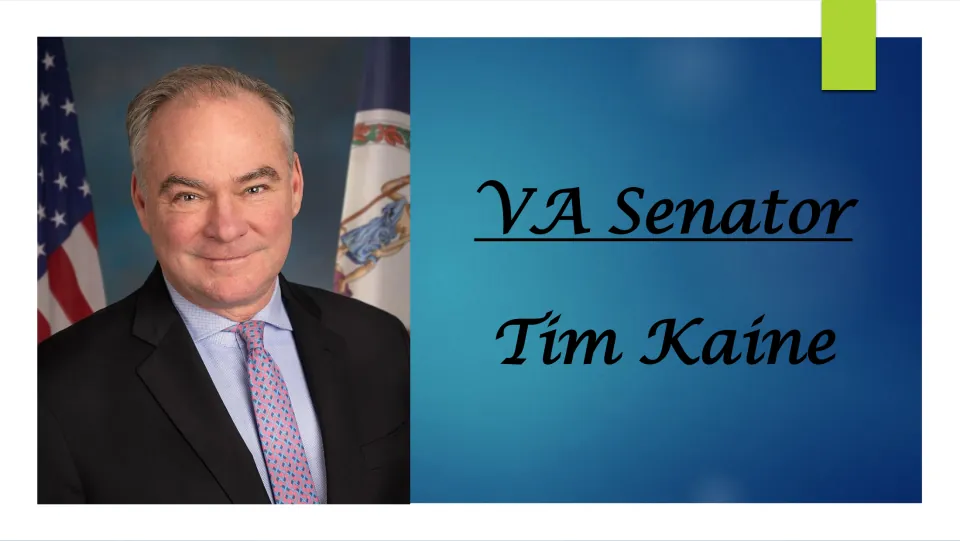 Biography presentation cover identifying Tim Kaine as a Virginia senator, alongside his official portrait