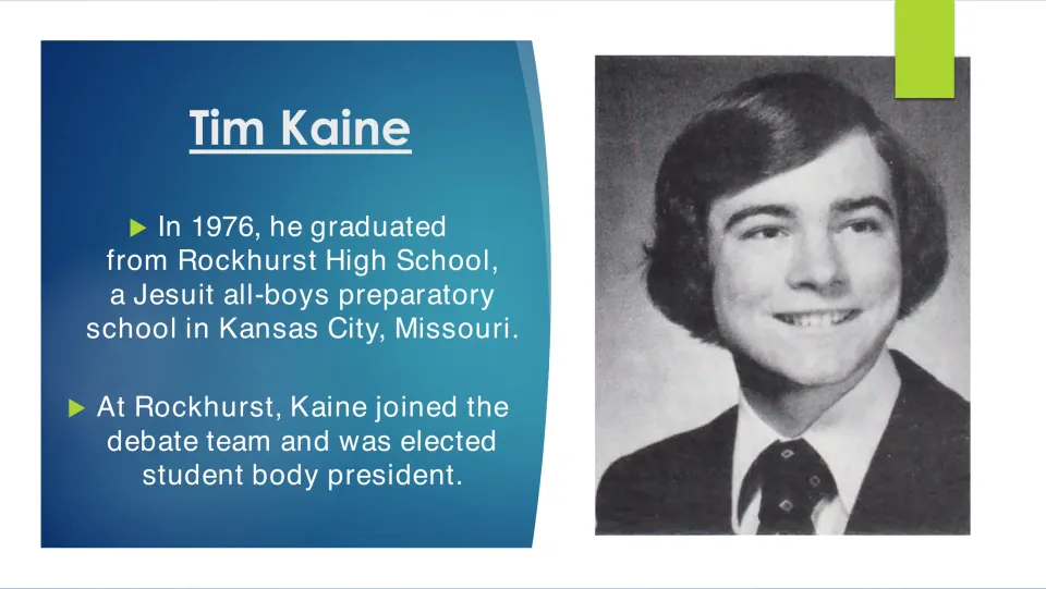 Education slide on Tim Kaine's 1976 Rockhurst graduation, debate team membership, and student presidency