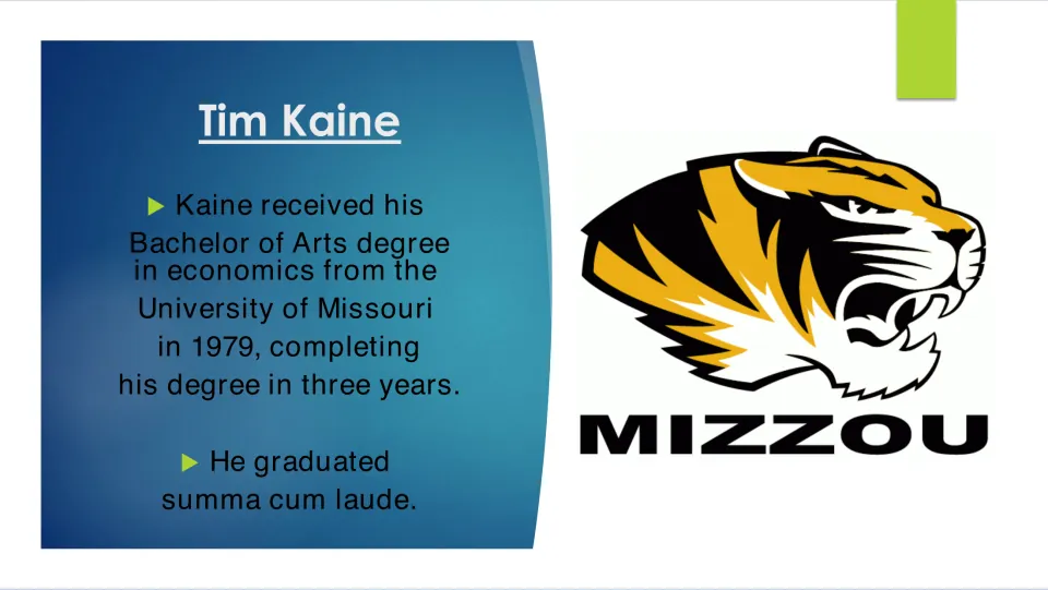 Education slide on Tim Kaine's 1979 economics degree from the University of Missouri and summa cum laude honors