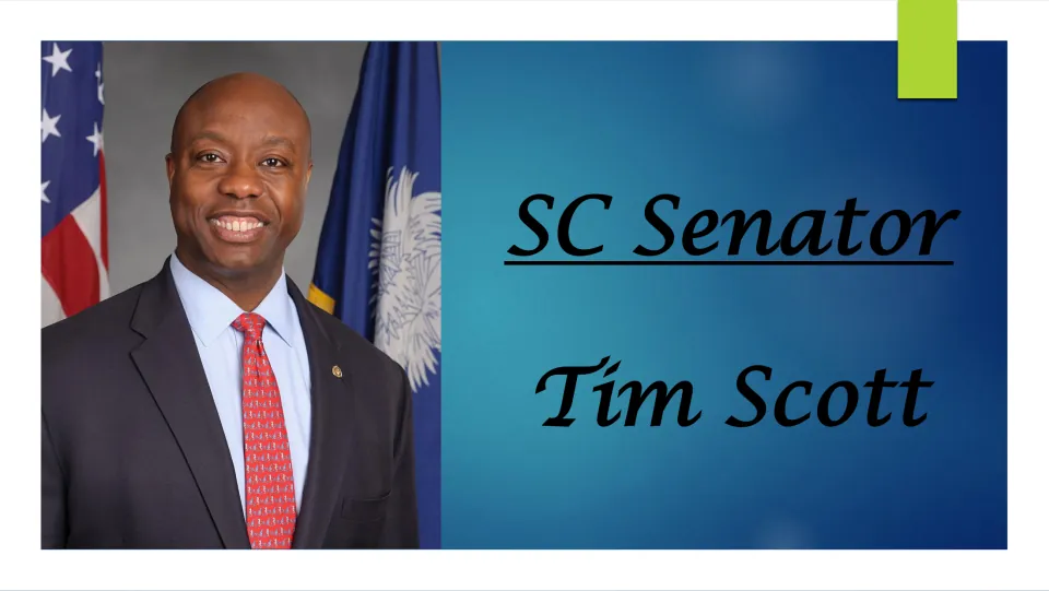 Biography presentation cover titled 'SC Senator Tim Scott,' featuring his portrait beside U.S. and state flags