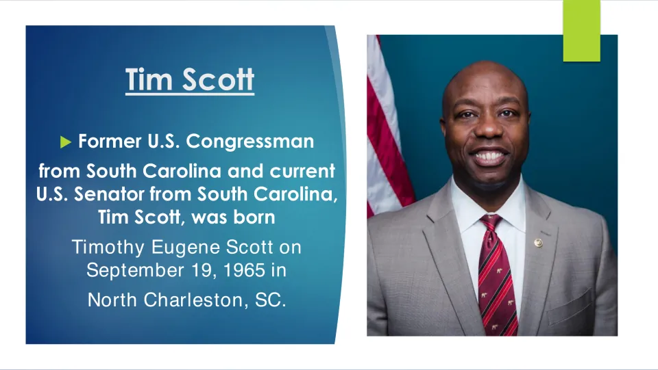 Biography slide introducing Timothy Eugene Scott, born September 19, 1965, in North Charleston, South Carolina