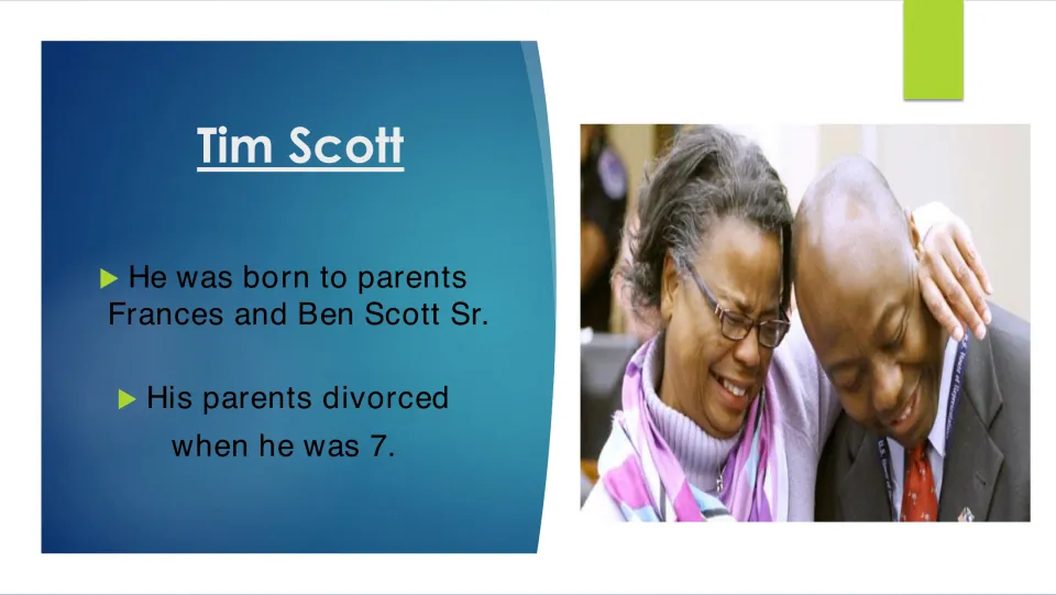 Family background slide naming Tim Scott's parents, Frances and Ben Scott Sr., and their divorce when he was 7