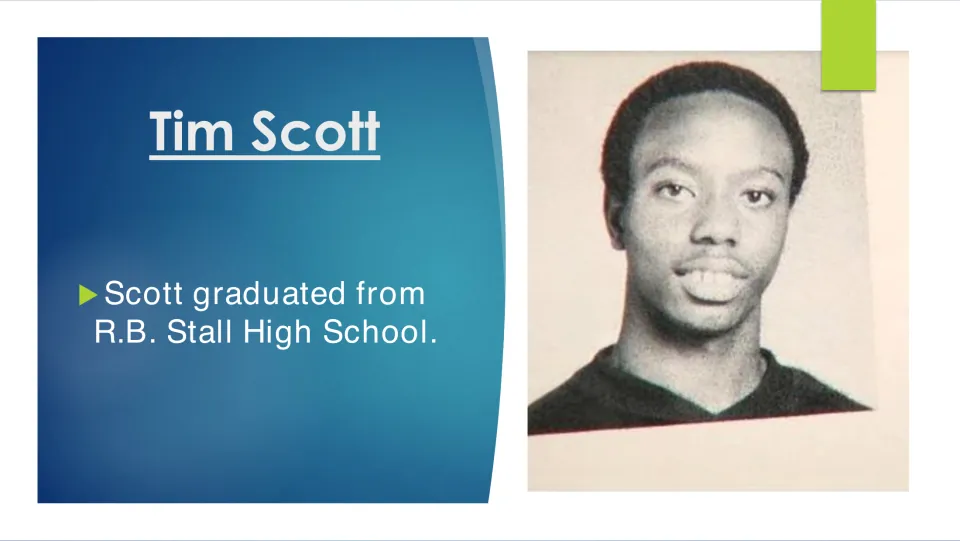 Education biography slide stating that Tim Scott graduated from R.B. Stall High School, with a youthful portrait