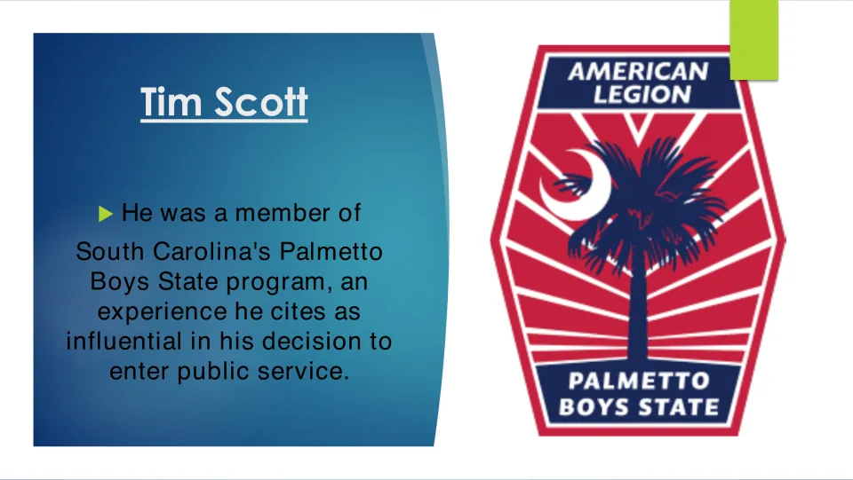 Biography slide linking Tim Scott's Palmetto Boys State participation to his decision to enter public service