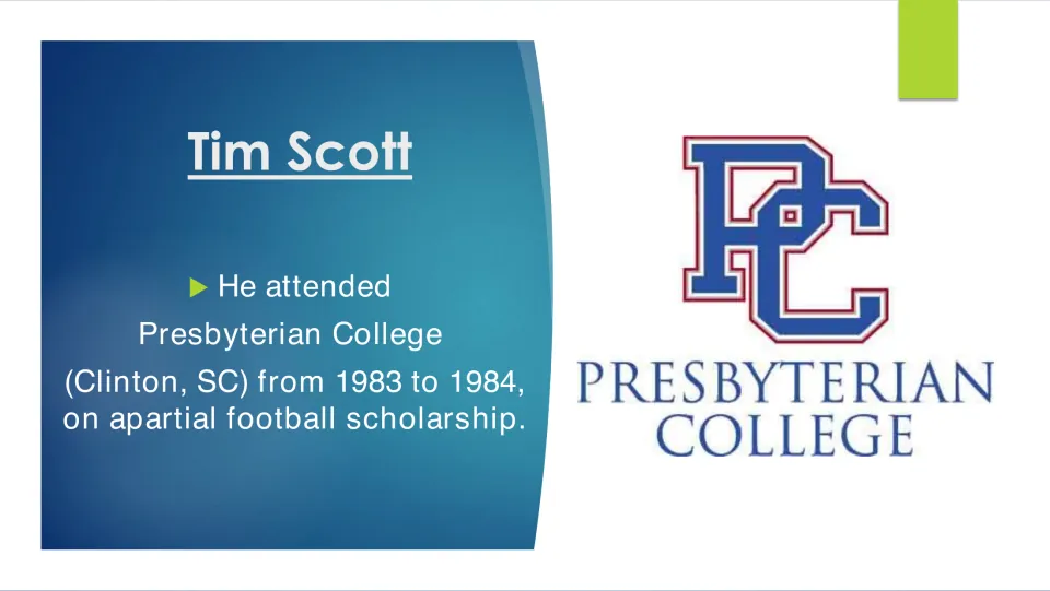 Education slide covering Tim Scott's attendance at Presbyterian College in 1983–1984 on a football scholarship