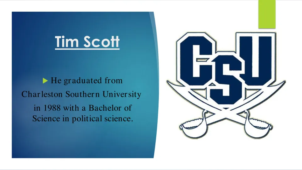 Education slide noting Tim Scott's 1988 Bachelor of Science in political science from Charleston Southern University