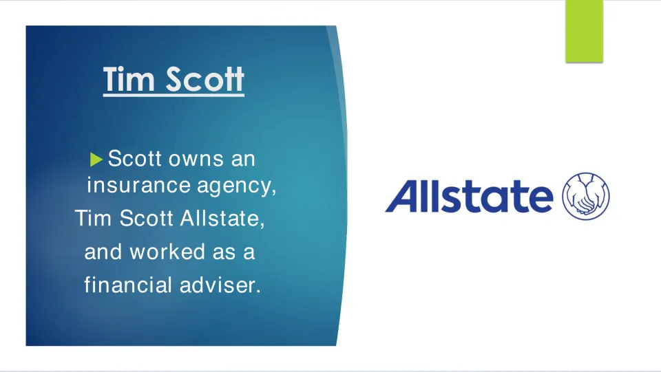 Career biography slide naming Tim Scott Allstate as his insurance agency and noting his work as a financial adviser