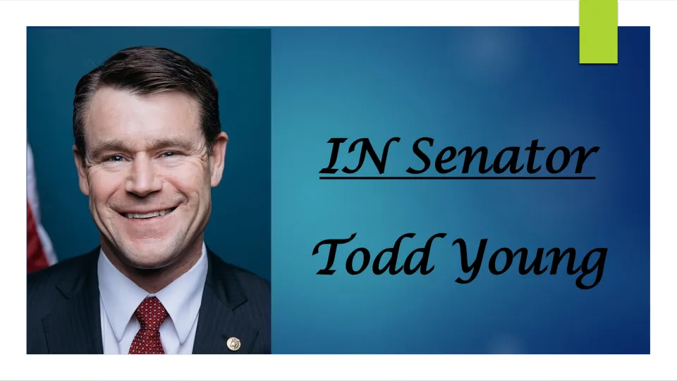 Biography presentation cover introducing Indiana Senator Todd Young with his portrait and name