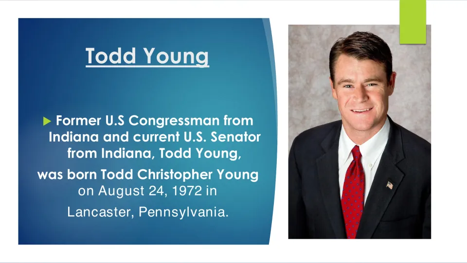 Biography slide identifying Todd Christopher Young and his birth on August 24, 1972, in Lancaster, Pennsylvania