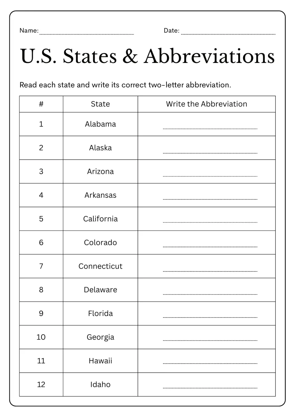 State abbreviation practice: write two-letter abbreviations for 12 states from Alabama through Idaho