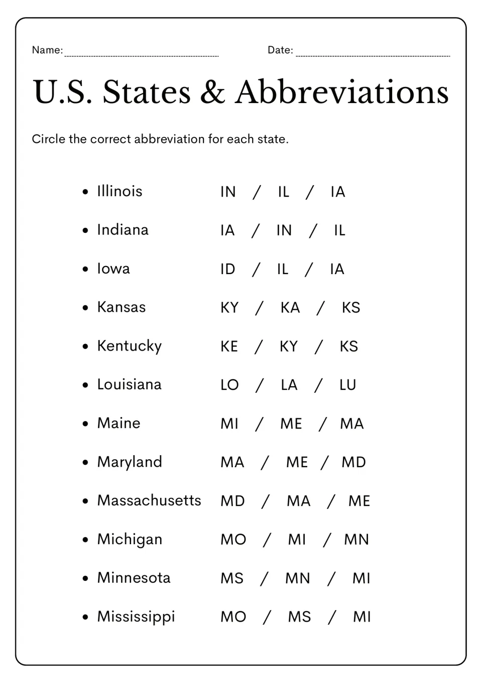 Multiple-choice practice: circle abbreviations for 12 states, including Illinois, Indiana, Iowa, and Kansas