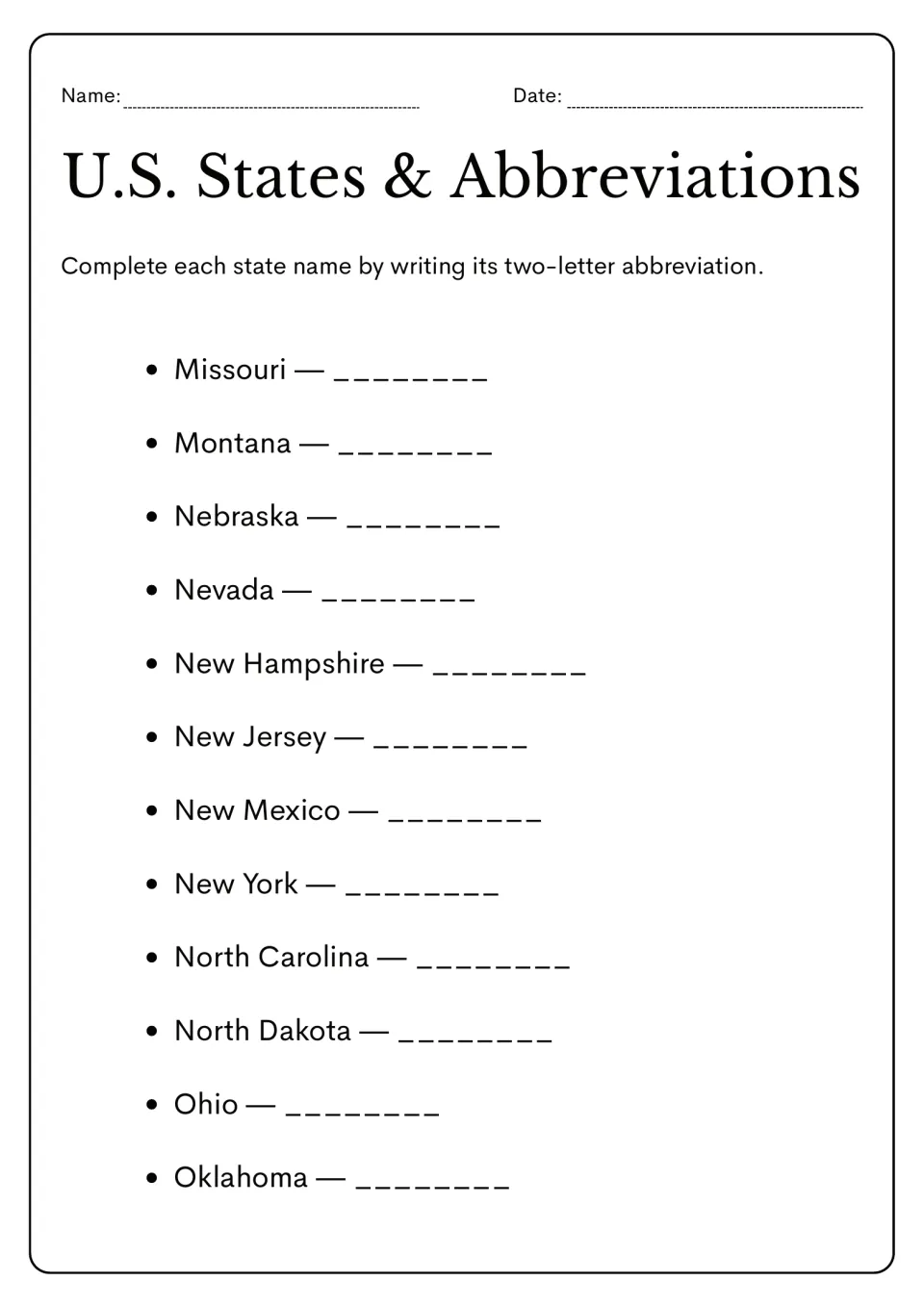 State abbreviation practice: write two-letter abbreviations for 12 states from Missouri through Oklahoma