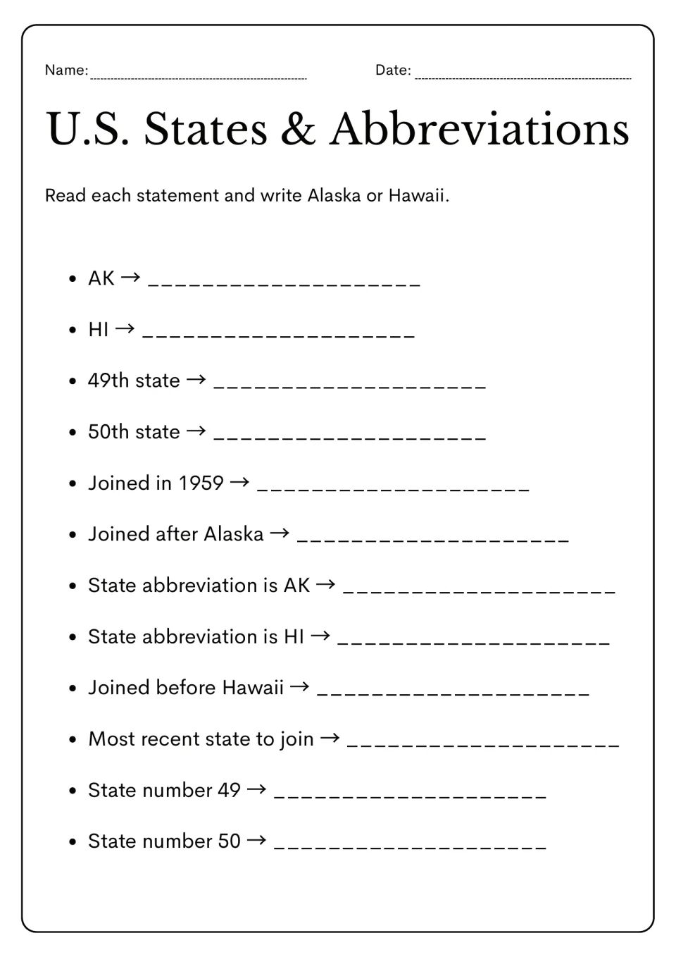 Alaska and Hawaii practice: answer 12 prompts about AK, HI, the 49th and 50th states, and joining in 1959