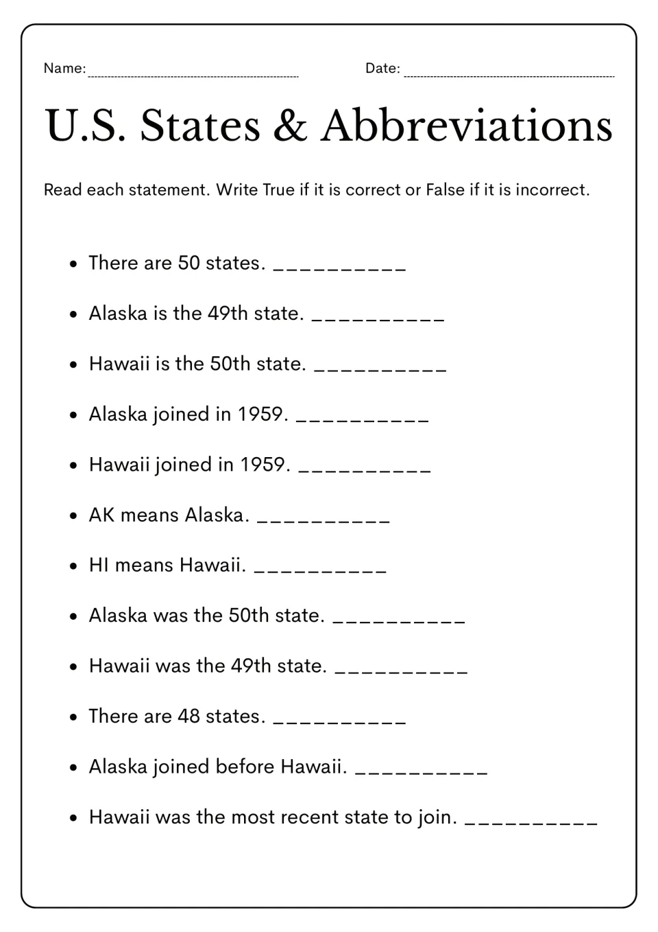 True-or-false review: judge 12 statements about the number of states, Alaska, Hawaii, and their abbreviations