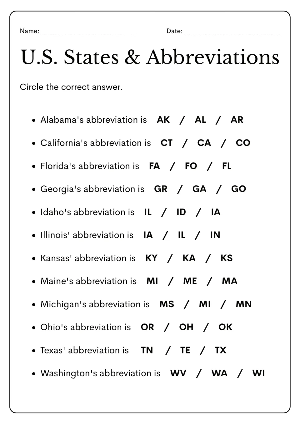 Mixed-state multiple-choice review: select abbreviations for 12 states, including Alabama, Texas, and Washington