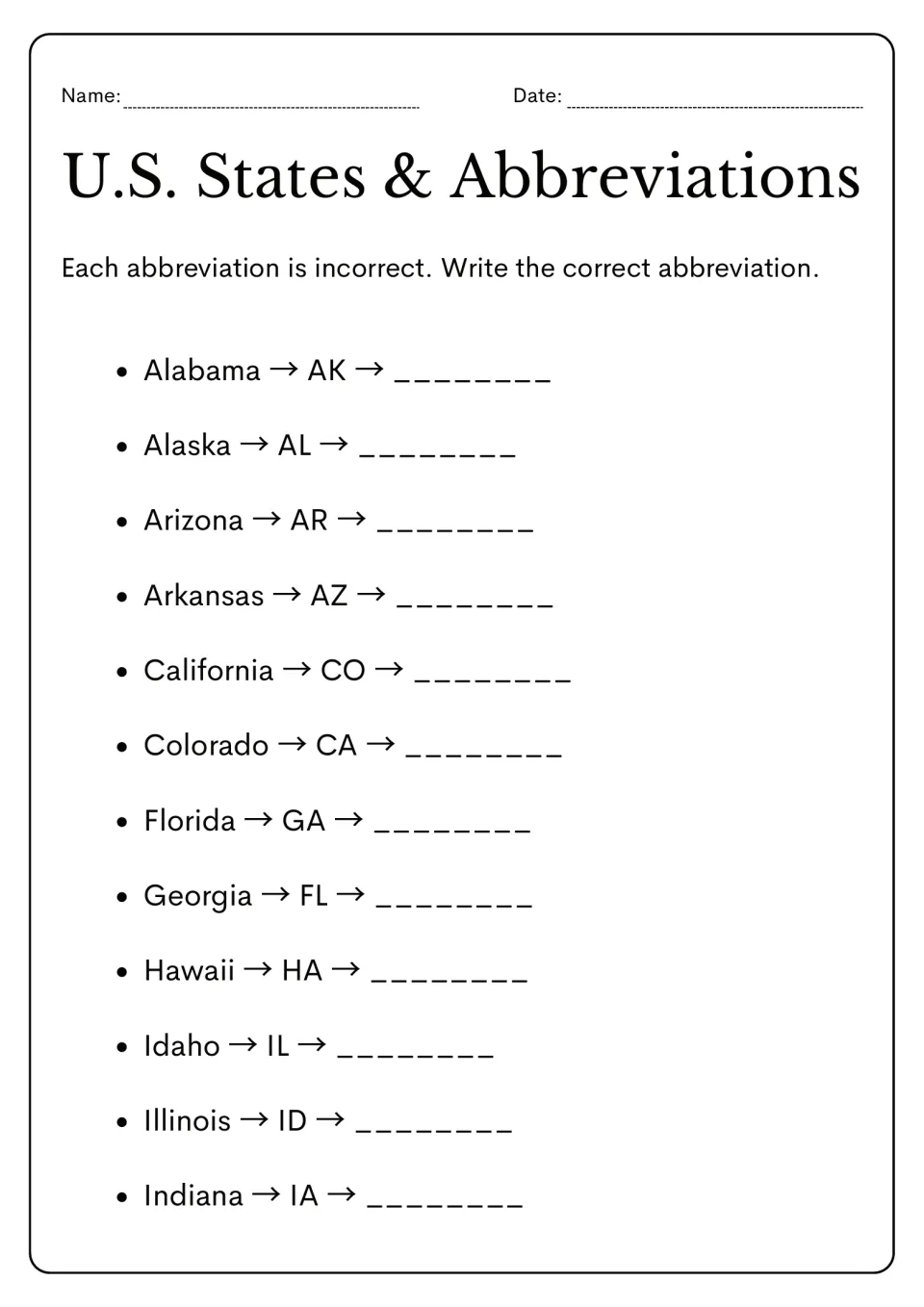 Abbreviation correction practice: fix 12 incorrect pairings, including Alabama–AK, Alaska–AL, and Hawaii–HA