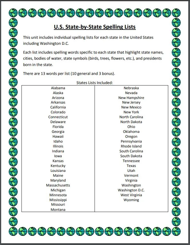 U.S. State Spelling Lists – 50 States + DC Bundle – cover