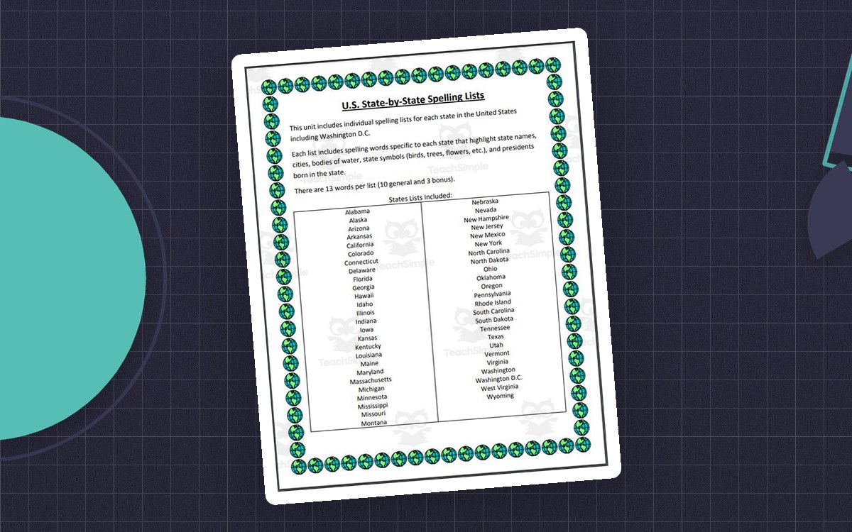 U.S. State-by-State Spelling List page framed by state seals and listing state terms in word, syllable and pronunciation columns.