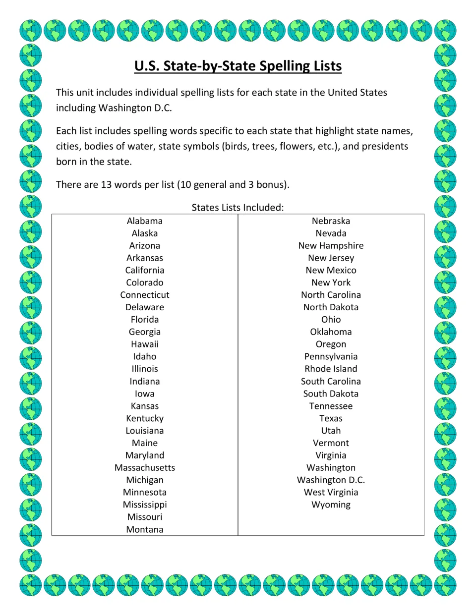 State-by-State Spelling Lists overview: 13 words per list (10 plus 3 bonus) for all 50 states and Washington D.C.