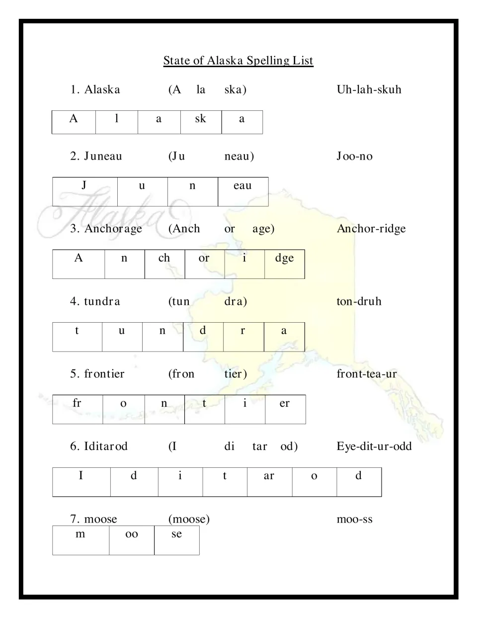 Alaska spelling words 1–7 such as Juneau, tundra and Iditarod, each with syllables, pronunciation and letter tiles