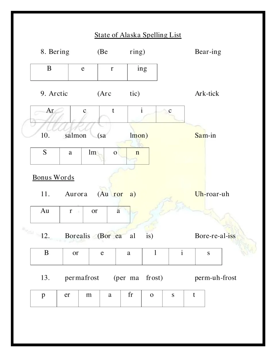 Alaska words 8–13 with bonus Aurora, Borealis and permafrost, each shown by syllable, pronunciation and sound chunks