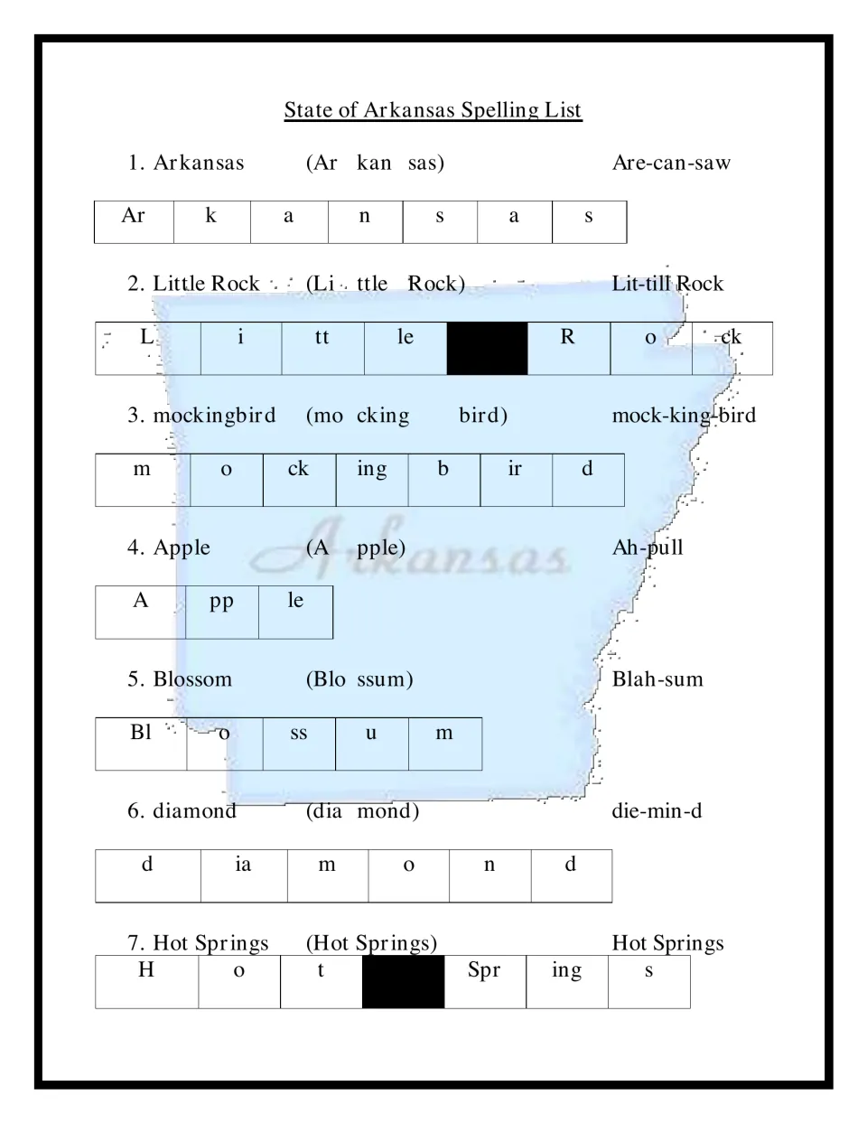 Arkansas spelling words 1–7 such as Little Rock, mockingbird and Hot Springs, split into syllables and letter tiles