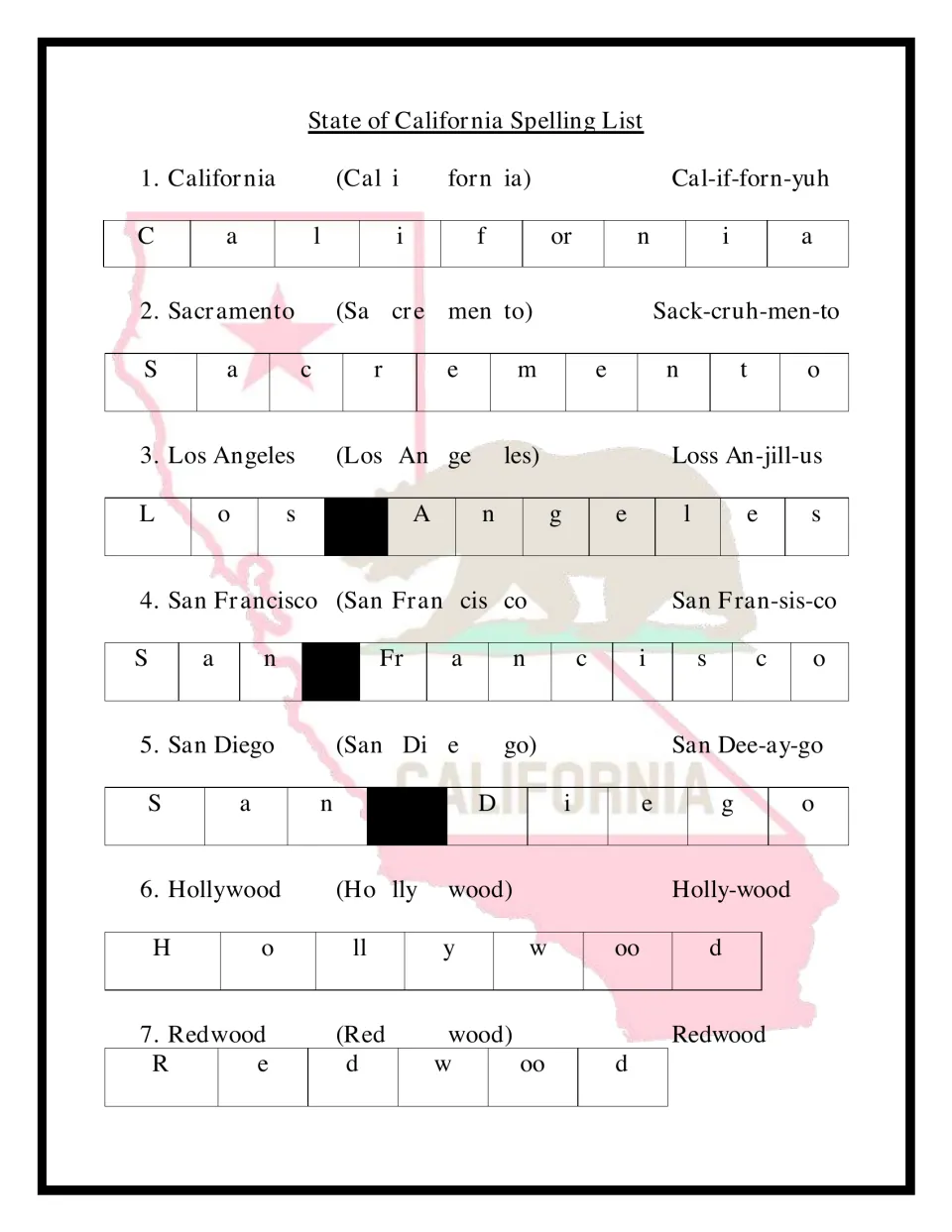 California spelling words 1–7 from Sacramento to Redwood, with city names split into syllables, sounds and pronunciation
