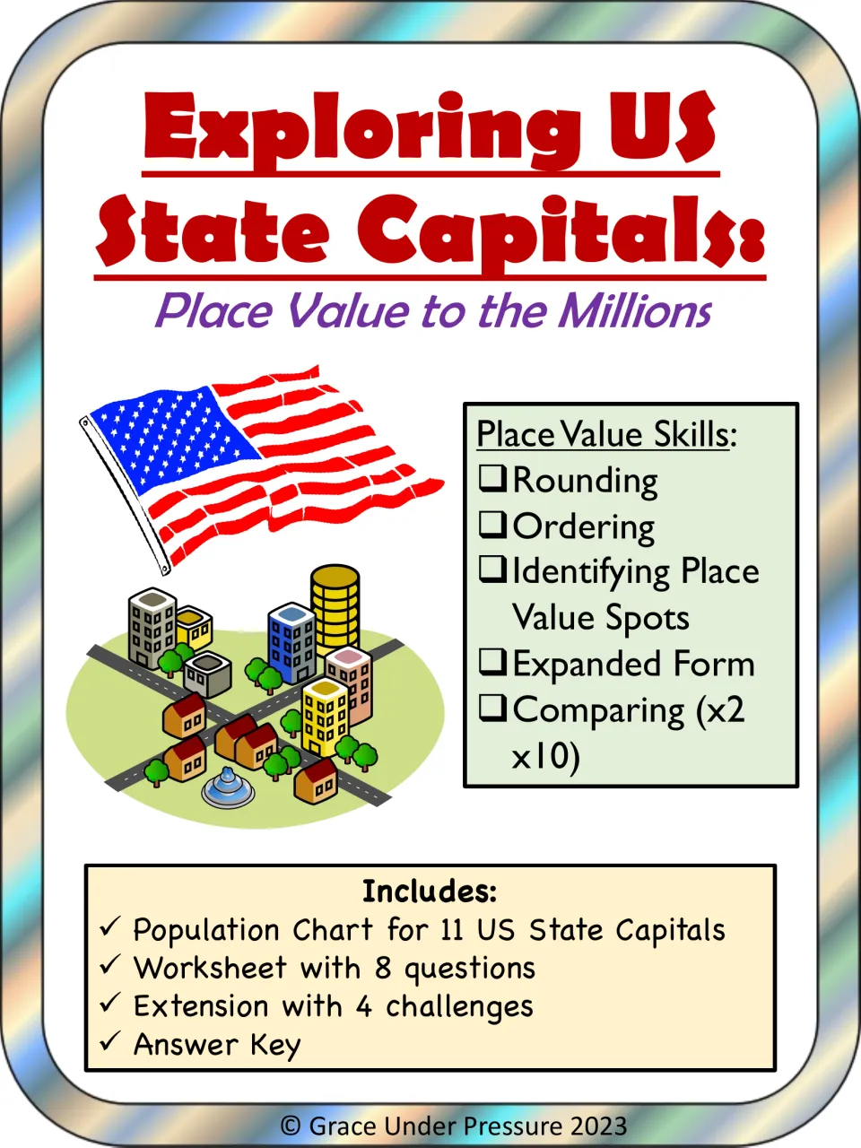 Exploring US State Capitals cover: place value to the millions, with an 11-city population chart, 8 questions and answer key