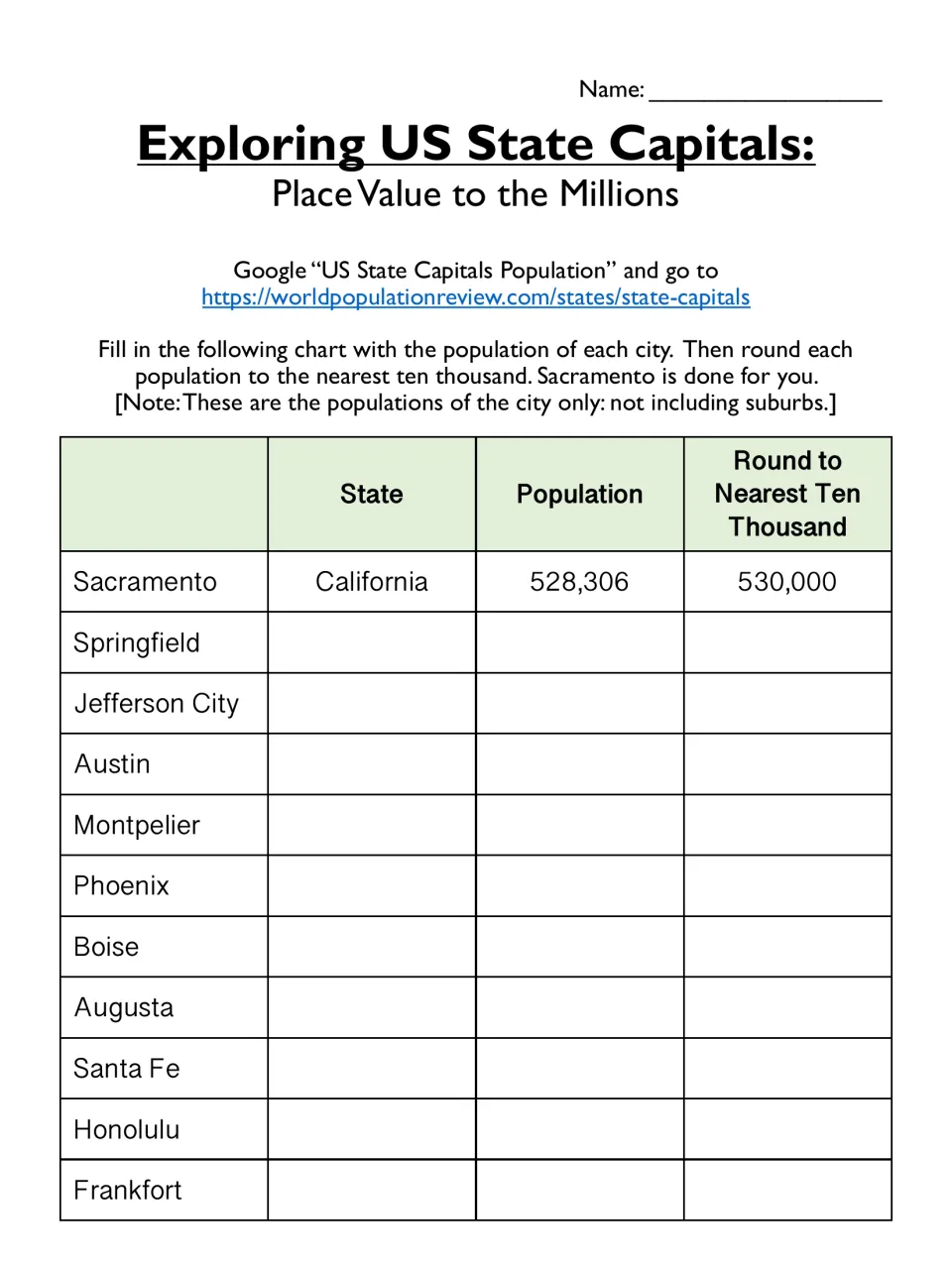 State capitals population chart: students research 11 capitals online, add state and population, round to nearest 10,000