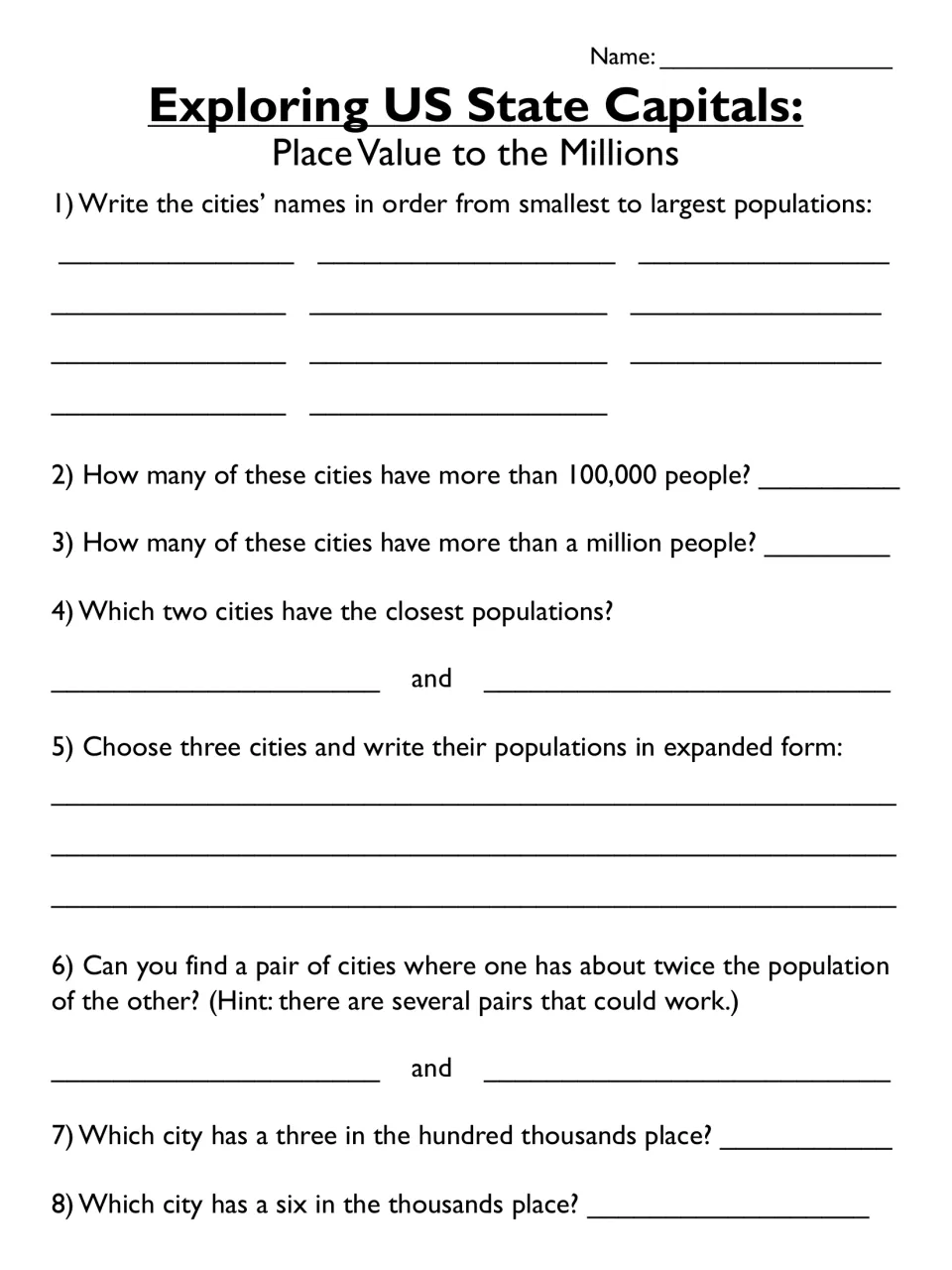 Place value questions on capital populations: students order 11 cities, compare sizes, write expanded form, find digits