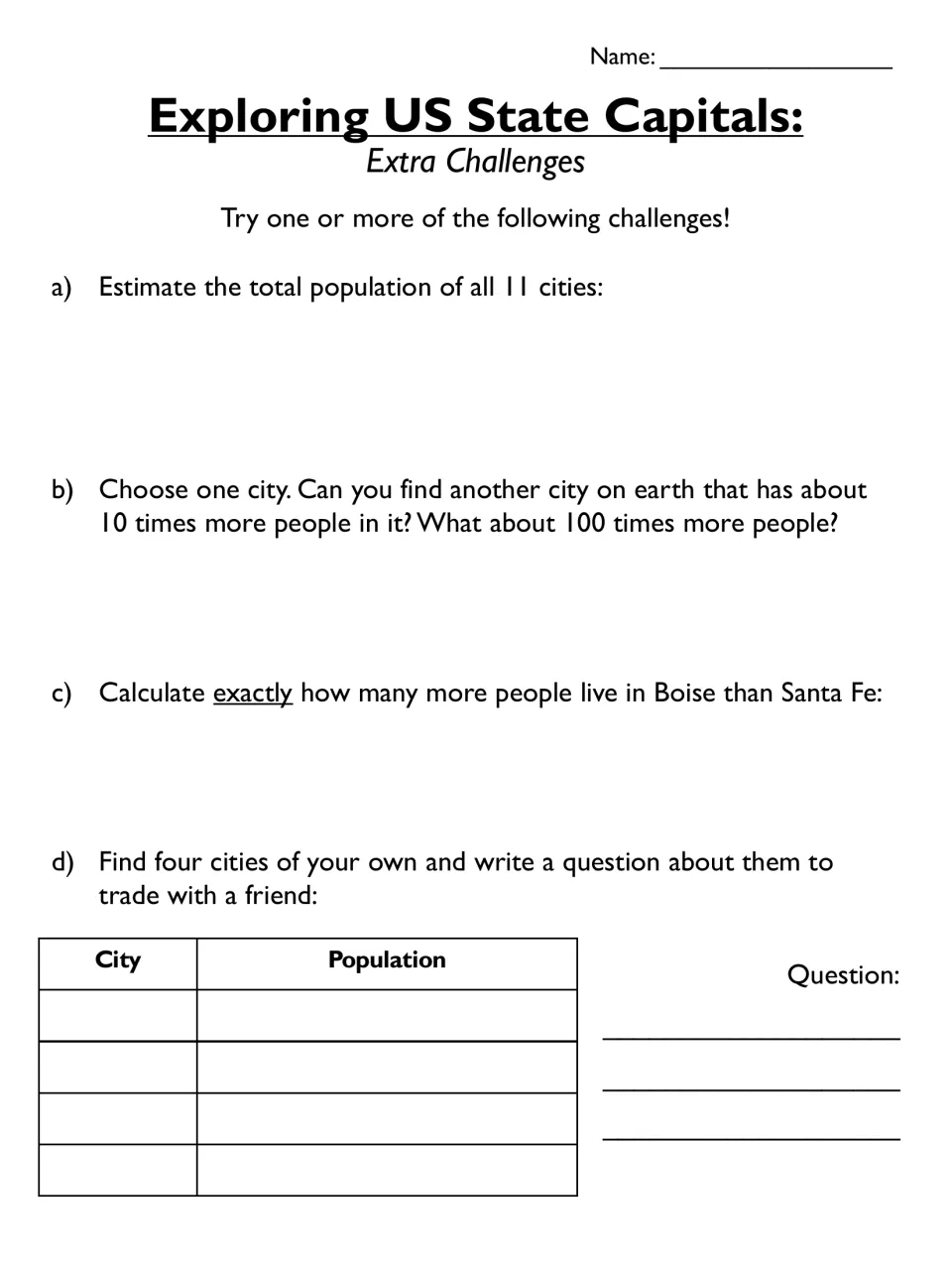 Extra Challenges: students estimate a total population, find cities 10 and 100 times bigger, and write a question