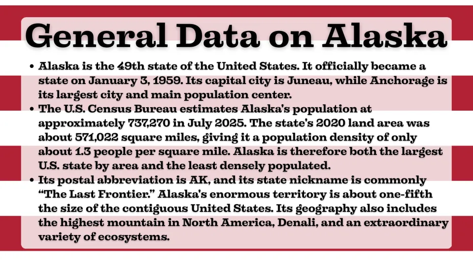 General data slide covering Alaska's statehood, Juneau, Anchorage, population, land area, and nickname