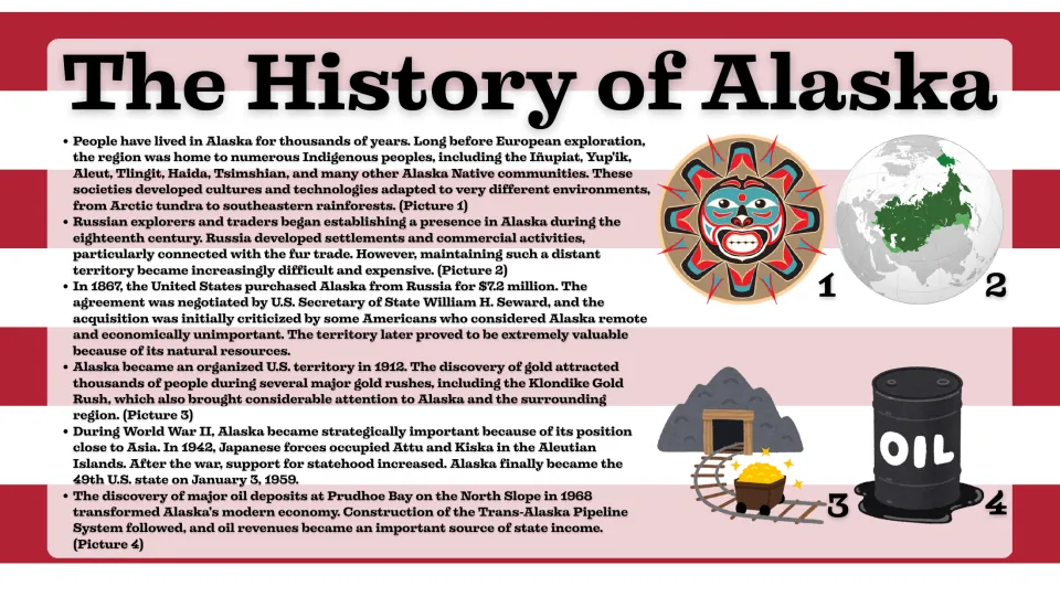 History slide tracing Alaska's Indigenous peoples, Russian settlement, U.S. purchase, gold rushes, and oil