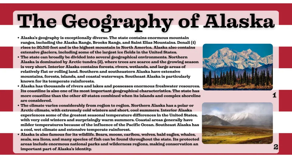 Geography slide describing Alaska's mountain ranges, glaciers, tundra, waterways, climate, and wildlife