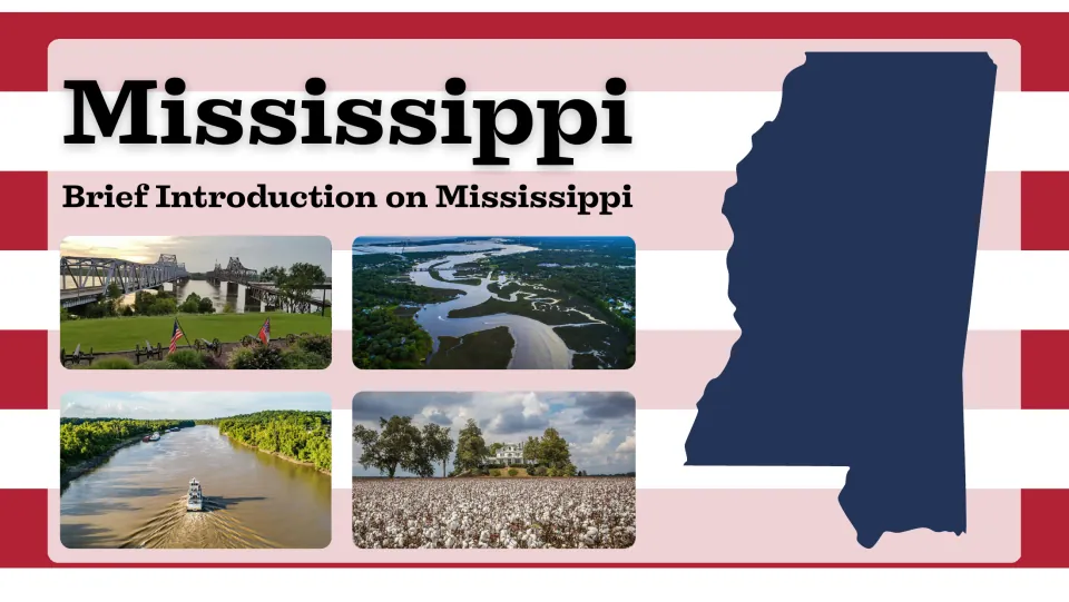 Mississippi presentation cover introducing the state with its outline and photos of rivers and cotton fields