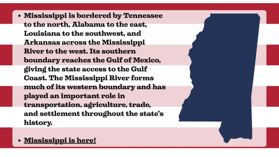 Borders slide naming Tennessee, Alabama, Louisiana, and Arkansas and explaining the Mississippi River's role