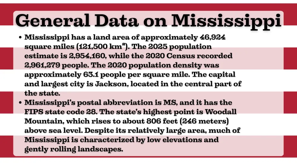 General data slide listing Mississippi's area, population, density, capital, postal code, and highest point