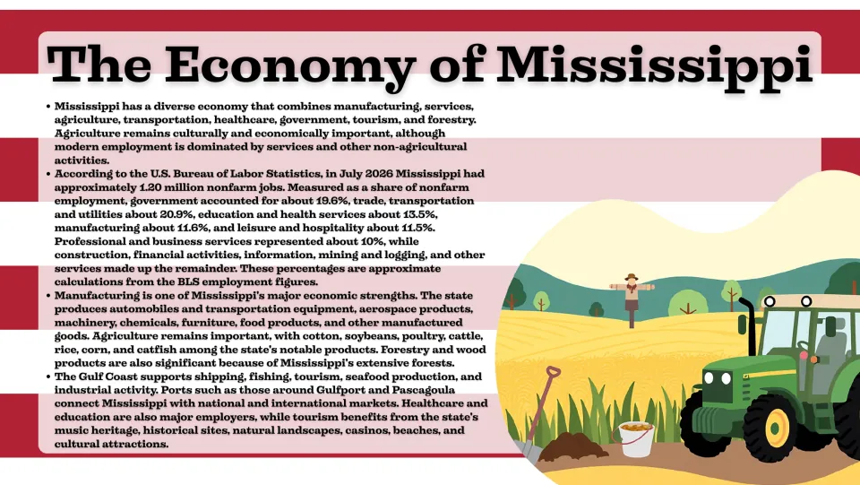 Economy slide covering Mississippi's employment sectors, manufacturing, agriculture, ports, and tourism
