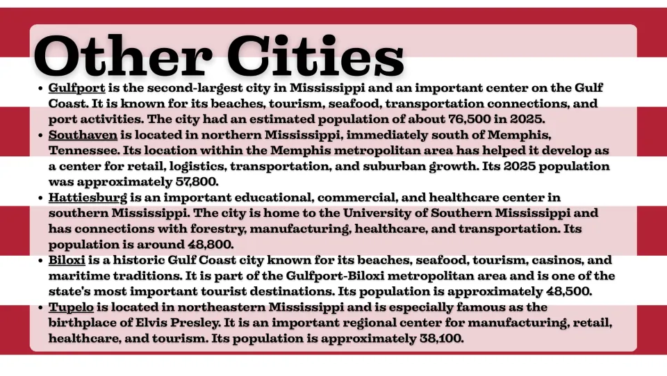 Other cities slide profiling Gulfport, Southaven, Hattiesburg, Biloxi, and Tupelo with population figures