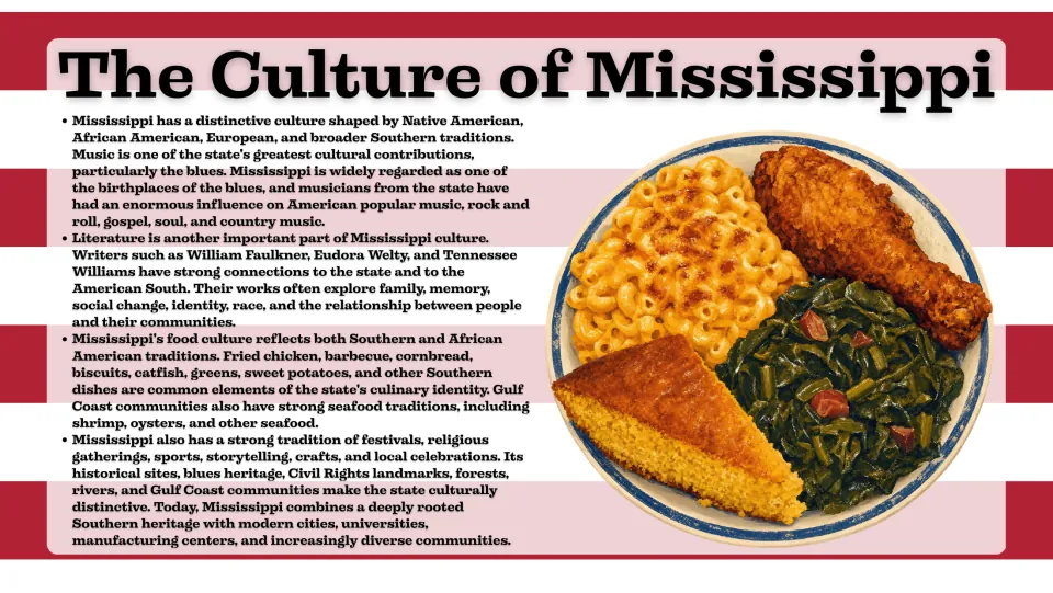 Culture slide exploring Mississippi's blues music, literature, Southern foods, festivals, and traditions