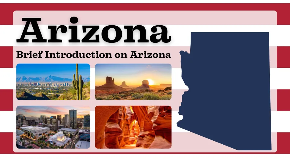 Presentation cover introducing Arizona with desert and city photos and a silhouette of the state's outline.